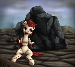 Size: 2000x1800 | Tagged: grimdark, artist:shido-tara, banned from derpibooru, deleted from derpibooru, derpibooru import, oc, oc:rampage, unofficial characters only, earth pony, pony, fallout equestria, fallout equestria: project horizons, amputation, blood, detailed background, fanfic art, image, injured, landmine, nonchalant, png, rock, shrug, sign, solo