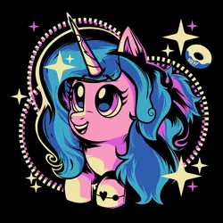 Size: 1512x1512 | Tagged: safe, artist:poxy_boxy, derpibooru import, izzy moonbow, pony, unicorn, black background, bust, commission, female, g5, image, jpeg, limited palette, looking up, mare, open mouth, open smile, simple background, smiling, solo