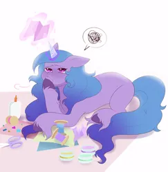 Size: 1908x1960 | Tagged: safe, artist:aztrial, derpibooru import, izzy moonbow, pony, unicorn, g5, image, paper, png, scissors, solo, spool, thinking, unshorn fetlocks, yarn