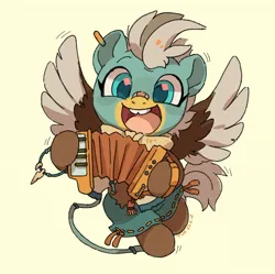 Size: 680x676 | Tagged: safe, artist:drtuo4, derpibooru import, oc, oc:duk, unofficial characters only, pegasus, pony, accordion, cute, female, image, jpeg, mare, musical instrument, ocbetes, open mouth, open smile, smiling, solo