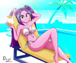 Size: 2565x2123 | Tagged: suggestive, artist:danielitamlp, derpibooru import, aria blaze, equestria girls, beach chair, belly button, breasts, busty aria blaze, chair, clothes, drink, drinking straw, female, food, high res, image, jpeg, legs, looking at you, orange, palm tree, pigtails, sitting, solo, solo female, stupid sexy aria blaze, summer, swimsuit, tree, twintails