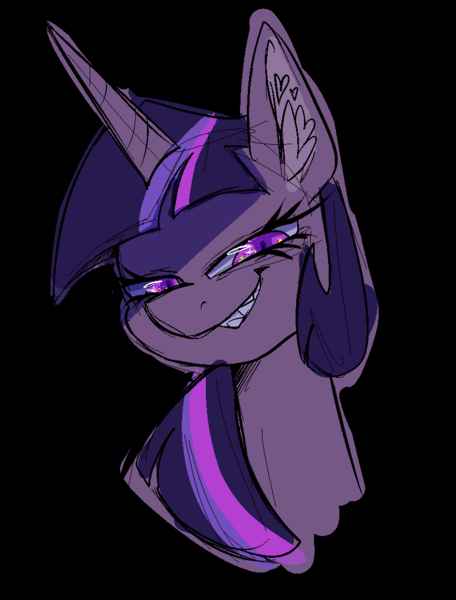 Size: 813x1069 | Tagged: safe, artist:sickbelle, derpibooru import, twilight sparkle, pony, unicorn, black background, bust, ear fluff, female, image, looking at you, mare, png, sharp teeth, simple background, sinister smile, solo, teeth