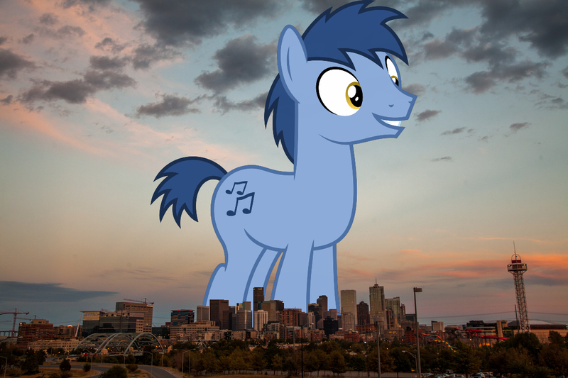 Size: 1200x800 | Tagged: safe, artist:jaredking779, artist:kevinerino, derpibooru import, blues, noteworthy, earth pony, pony, background pony, colorado, denver, giant pony, giant/macro earth pony, highrise ponies, image, irl, jpeg, macro, male, mega giant, photo, ponies in real life, smiling, stallion