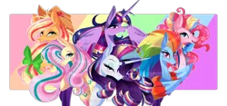 Size: 4827x2267 | Tagged: safe, artist:darkjillmlp123, derpibooru import, applejack, fluttershy, pinkie pie, rainbow dash, rarity, twilight sparkle, twilight sparkle (alicorn), alicorn, earth pony, pegasus, pony, unicorn, eye clipping through hair, eyebrows, eyebrows visible through hair, eyeshadow, grin, group, high res, image, looking at you, makeup, mane six, open mouth, open smile, partially open wings, png, rainbow power, sextet, smiling, smiling at you, wings