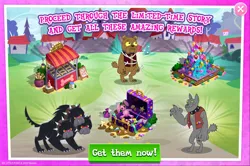 Size: 1964x1305 | Tagged: safe, derpibooru import, idw, official, cerberus (character), rover, unnamed character, cerberus, diamond dog, advertisement, black fur, bone, brown fur, choker, collar, dog collar, dog treat, english, gameloft, gem, grey fur, idw showified, image, jpeg, limited-time story, luggage, magic wand, male, multiple heads, plushie, shop, spiked collar, text, three heads