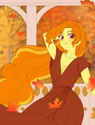 Size: 1300x1700 | Tagged: safe, artist:rileyav, derpibooru import, adagio dazzle, equestria girls, arm behind head, armpits, autumn, blushing, breasts, cleavage, clothes, commission, dress, falling leaves, female, image, jpeg, leaves, looking at you, smiling, smiling at you, solo, windswept hair