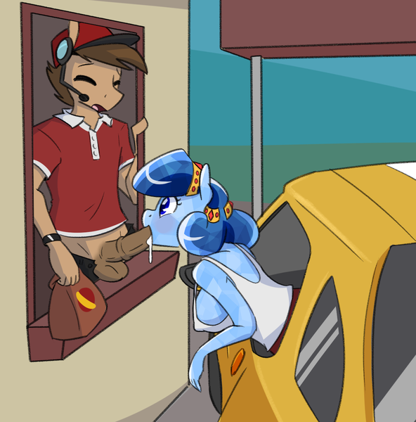 Size: 1308x1326 | Tagged: explicit, artist:whatsapokemon, derpibooru import, part of a set, oc, oc:heart song, anthro, crystal pony, blowjob, breasts, car, clothed sex, clothes, cum, drive-thru, fast food, female, food, he wants to order, image, male, meme, microphone, nudity, oral, penis, png, sex, sideboob, unzipped pants