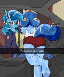 Size: 1171x1422 | Tagged: suggestive, artist:whatsapokemon, derpibooru import, part of a set, oc, oc:heart song, oc:historia, anthro, crystal pony, butt, car, car interior, clothes, female, glasses, he wants to order, image, meme, png, selfie, siblings, sisters