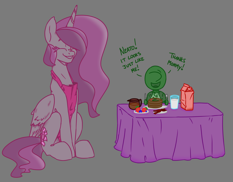 Size: 2812x2199 | Tagged: safe, artist:2hrnap, derpibooru import, princess celestia, oc, oc:anon, oc:kid anon, alicorn, human, pony, apron, breakfast, clothes, female, food, image, male, momlestia, mother and child, mother and son, parent and child, png, simple background