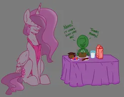 Size: 2812x2199 | Tagged: safe, artist:2hrnap, derpibooru import, princess celestia, oc, oc:anon, oc:kid anon, alicorn, human, pony, apron, breakfast, clothes, female, food, image, male, momlestia, mother and child, mother and son, parent and child, png, simple background