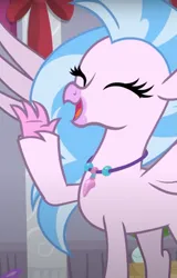 Size: 501x781 | Tagged: safe, derpibooru import, screencap, silverstream, classical hippogriff, hippogriff, the hearth's warming club, cropped, cute, diastreamies, eyes closed, female, image, jewelry, necklace, png, solo
