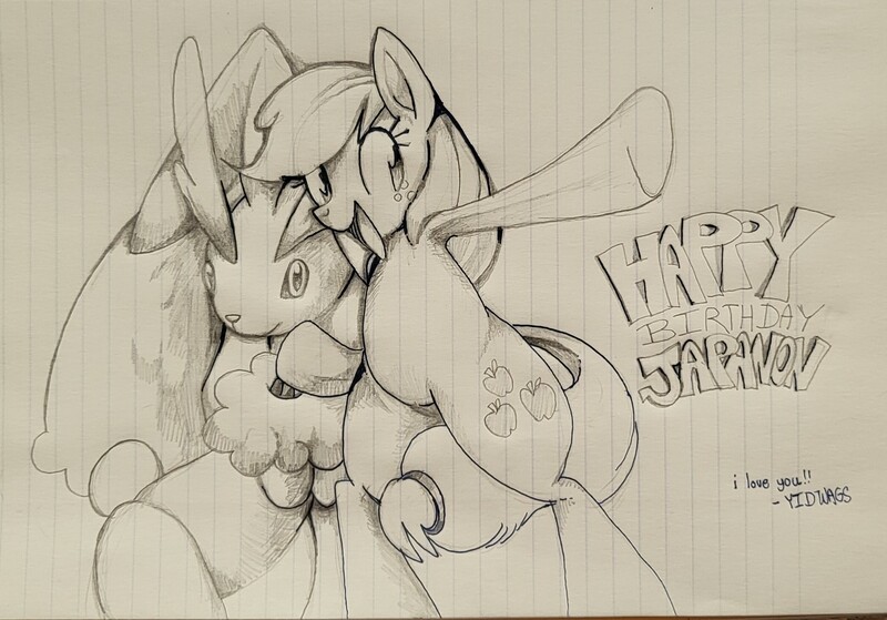 Size: 2092x1462 | Tagged: safe, artist:yidwags, derpibooru import, applejack, earth pony, lopunny, pony, bipedal, birthday, gift art, image, jpeg, pokémon, signature, traditional art