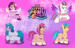 Size: 6996x4500 | Tagged: safe, artist:ejlightning007arts, derpibooru import, hitch trailblazer, izzy moonbow, pipp petals, sunny starscout, zipp storm, earth pony, pegasus, pony, unicorn, my little pony: a new generation, cute, female, flying, fruits name, g4, g5, g5 to g4, generation leap, group, image, looking at something, looking up, malay, malaysia, male, mane five (g5), mare, phone, png, raised hoof, smiling, stallion, text, wallpaper