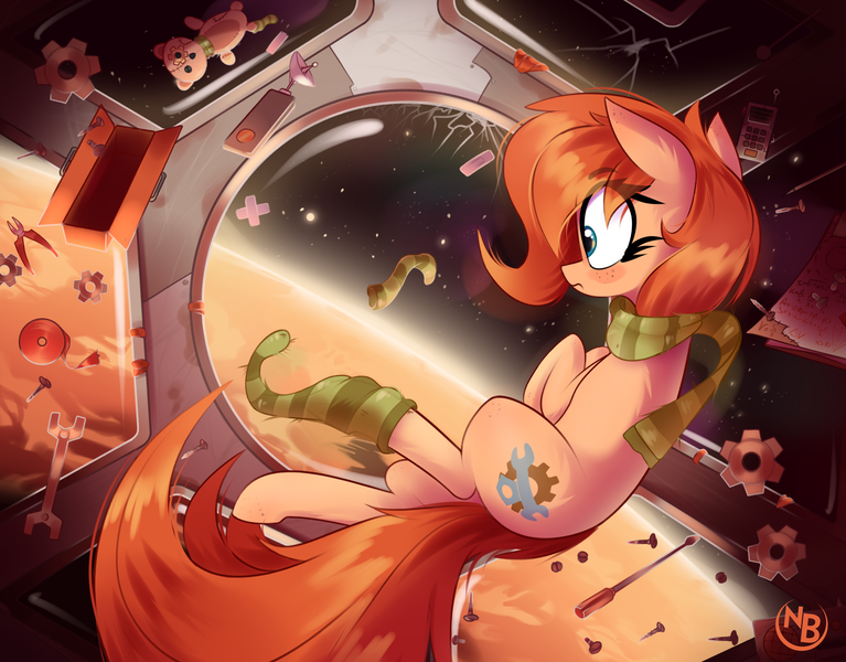 Size: 2820x2206 | Tagged: safe, artist:nevobaster, derpibooru import, oc, oc:rusty gears, unofficial characters only, earth pony, bandaid, clothes, cracks, cute, duct tape, female, freckles, gear, image, notes, planet, pliers, plushie, png, remote, scarf, screw, screwdriver, sock, socks, solo, space, striped scarf, striped socks, tape, teddy bear, toolbox, wrench