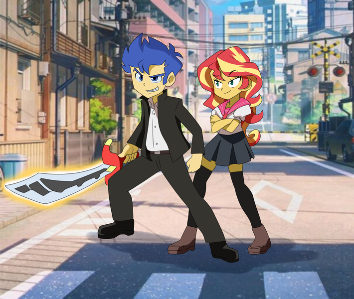 Size: 1612x1363 | Tagged: safe, artist:qsky, derpibooru import, flash sentry, sunset shimmer, equestria girls, city, clothes, duo, female, flashimmer, image, male, png, shipping, skirt, straight, sword, weapon