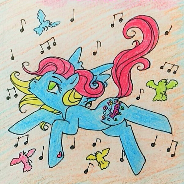 Size: 898x898 | Tagged: safe, artist:mintytreble, derpibooru import, thistle whistle, bird, pegasus, pony, cute, flying, g3, image, jpeg, music notes, traditional art