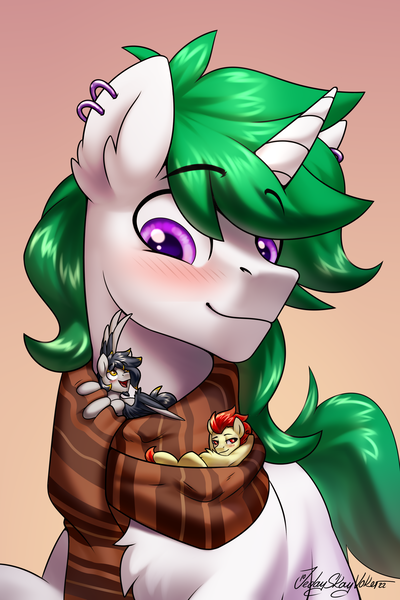 Size: 2000x3000 | Tagged: safe, artist:jedayskayvoker, derpibooru import, oc, oc:thunder arch, oc:yamato, oc:zenith night, earth pony, pegasus, pony, unicorn, blushing, chest fluff, clothes, comforting, comfy, commission, cute, ear fluff, ear piercing, earth pony oc, eyebrows, gradient background, horn, image, looking at each other, looking at someone, micro, pegasus oc, piercing, png, purple eyes, raised eyebrow, scarf, smol, spread wings, tiny, tiny ponies, unicorn oc, wings