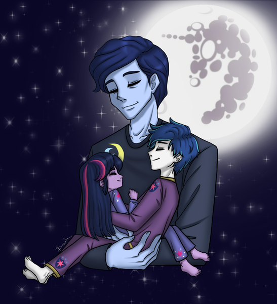 Size: 2355x2585 | Tagged: safe, artist:daazzlin, derpibooru import, night light, shining armor, twilight sparkle, equestria girls, family, female, holding, image, male, mare in the moon, moon, png, trio