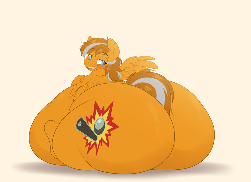 Size: 4000x2900 | Tagged: suggestive, artist:montsundere, derpibooru import, oc, oc:slam tilt, unofficial characters only, pegasus, pony, belly, big belly, bloated, blushing, butt, fat, heavy, huge belly, huge butt, image, impossibly large belly, impossibly large butt, large butt, looking back, male, morbidly obese, obese, png, wide hips, wide load, wings