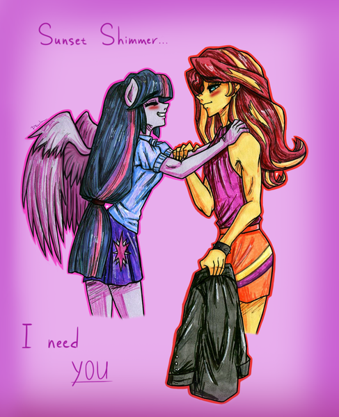 Size: 4619x5692 | Tagged: safe, artist:daazzlin, derpibooru import, sunset shimmer, twilight sparkle, anthro, blushing, duo, female, image, lesbian, png, shipping, sunsetsparkle