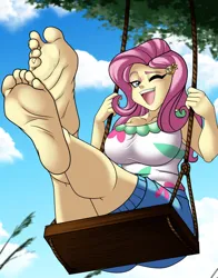 Size: 2746x3508 | Tagged: suggestive, artist:cyborg-steve, artist:rali-arts, derpibooru import, fluttershy, human, equestria girls, adorasexy, barefoot, breasts, busty fluttershy, butterfly hairpin, cloud, cute, feet, female, fetish, flutterfeet, foot fetish, foot focus, geode of fauna, grass, hairpin, image, legs, looking at you, magical geodes, one eye closed, open mouth, open smile, outdoors, png, sexy, shyabetes, sitting, sky, sleeveless, smiling, smiling at you, solo, solo female, stupid sexy fluttershy, swing, swinging, toenails, tree, wink