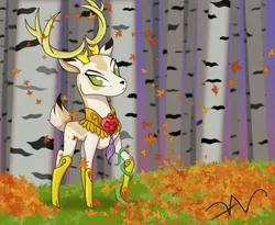 Size: 1280x1048 | Tagged: safe, artist:swasfews, derpibooru import, idw, king aspen, deer, autumn, forest, frown, horn, horn ring, horns, image, jewelry, jpeg, leaves, looking at you, male, ring, solo, stag, tree, vine