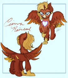 Size: 4324x4968 | Tagged: safe, artist:thepinkbirb, derpibooru import, oc, oc:cierrarainsoul, alicorn, gryphon, hybrid, pony, blue eyes, chest fluff, claws, colored wings, commission, ear fluff, feather, gradient wings, griffon oc, heart, hybrid oc, image, photo, png, queen, raised hoof, reference, reference sheet, simple background, spread wings, wings