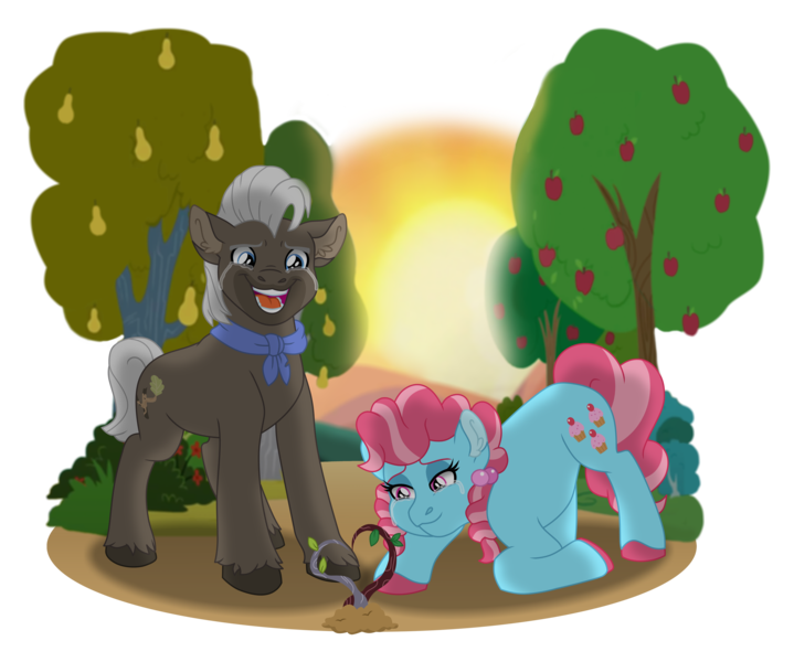 Size: 4767x3979 | Tagged: safe, artist:faitheverlasting, derpibooru import, burnt oak, cup cake, earth pony, pony, absurd resolution, apple, apple tree, chiffon swirl, crying, earth pony magic, female, food, headcanon, headcanon in the description, image, laughing, magic, male, mare, pear tree, png, sapling, simple background, sprout, stallion, story included, tears of joy, tears of laughter, teary eyes, transparent background, tree