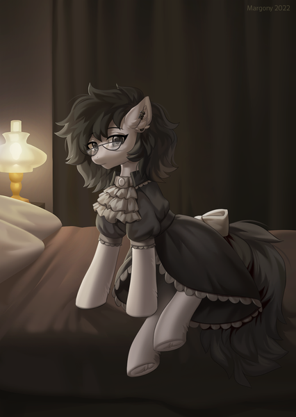 Size: 998x1404 | Tagged: safe, artist:margony, derpibooru import, oc, unofficial characters only, earth pony, pony, bed, bedroom, clothes, earth pony oc, female, glasses, image, lamp, light, maid, mare, pillow, png