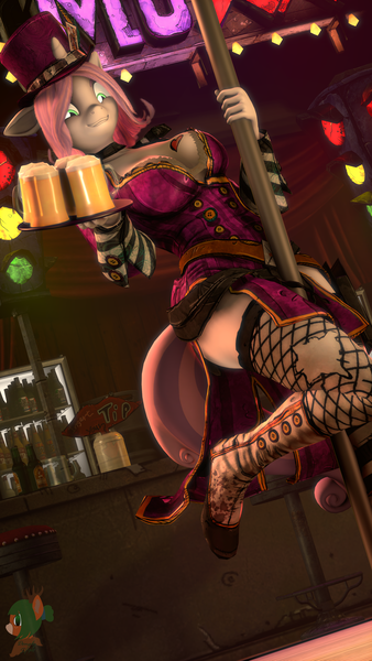 Size: 2160x3840 | Tagged: suggestive, alternate version, artist:donglysfm, derpibooru import, sweetie belle, anthro, plantigrade anthro, unicorn, art pack:fun n games 2022, 3d, alcohol, bar, beer, borderlands, breasts, clothes, cosplay, costume, hat, high res, image, mad moxxi, older, older sweetie belle, png, revamped anthros, solo, source filmmaker