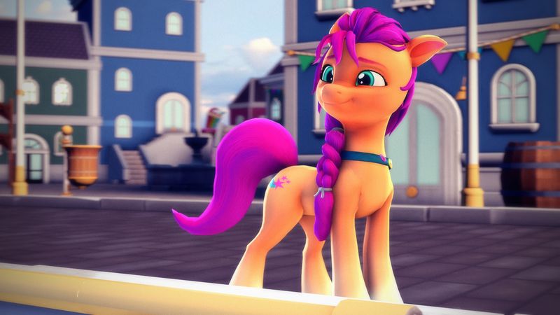 Size: 3840x2160 | Tagged: safe, artist:psfmer, derpibooru import, sunny starscout, earth pony, pony, 3d, braid, coat markings, female, g5, happy, high res, image, mare, maretime bay, png, smiling, socks (coat marking), solo, source filmmaker