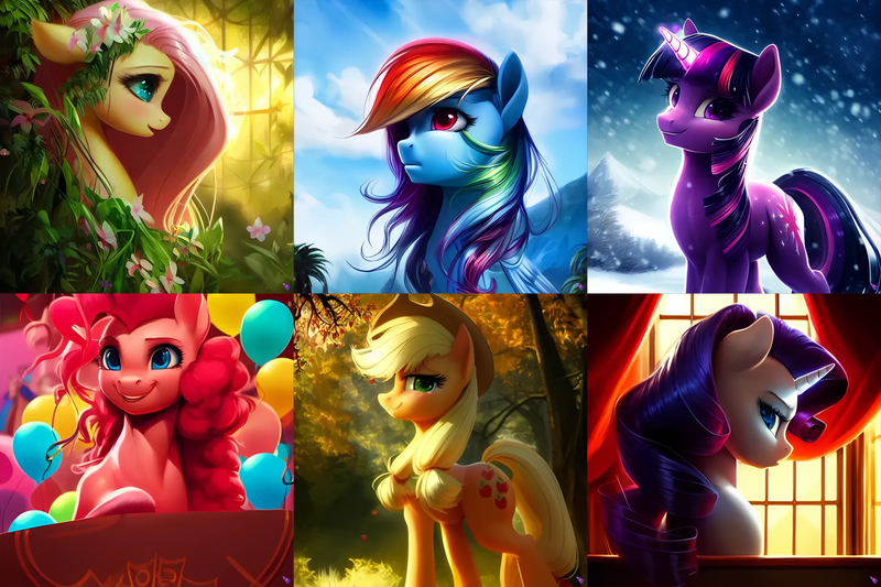Size: 4096x2731 | Tagged: safe, derpibooru import, machine learning generated, purplesmart.ai, stable diffusion, applejack, fluttershy, pinkie pie, rainbow dash, rarity, twilight sparkle, earth pony, pegasus, pony, unicorn, apple, applejack's hat, balloon, cloud, collage, cowboy hat, crepuscular rays, curtains, female, floral head wreath, flower, flower in hair, flowing mane, food, forest, glow, glowing horn, hat, horn, image, leaves, looking at you, looking up, mane six, mare, mountain, nature, palm tree, party, png, side view, smiling, smiling at you, snow, snowfall, tree, unicorn twilight, window, winter