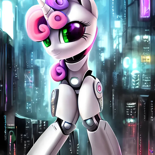 Size: 1024x1024 | Tagged: safe, derpibooru import, machine learning generated, purplesmart.ai, stable diffusion, sweetie belle, crab pony, robot, image, jpeg, looking at you, meme, smiling, smiling at you, sweetie bot