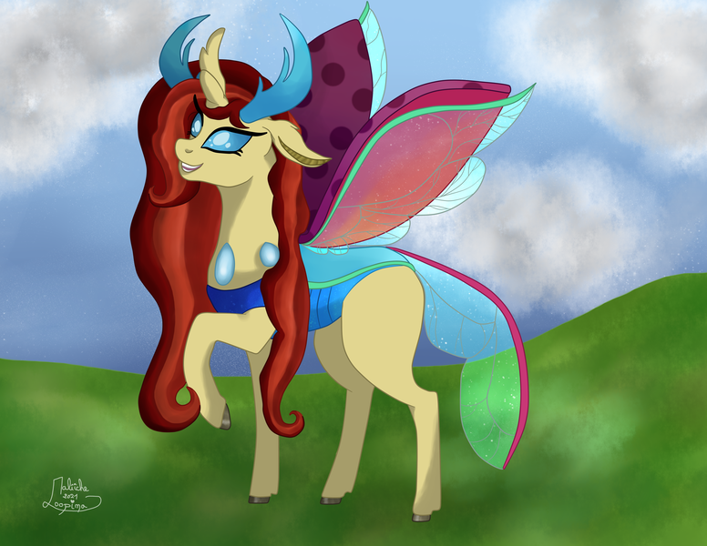 Size: 3878x3000 | Tagged: safe, artist:loopina, derpibooru import, oc, oc:miosha, changedling, changeling, dragonfly, insect, female, image, png