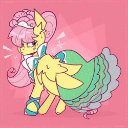 Size: 2400x2400 | Tagged: safe, artist:shylunaart, derpibooru import, fluttershy, pegasus, pony, green isn't your color, abstract background, alternate hairstyle, aside glance, blushing, clothes, dress, ear fluff, elbow fluff, emanata, female, headdress, high res, hoof shoes, image, jpeg, lidded eyes, looking at you, mare, modelshy, nervous, sideways glance, solo, standing, sweat, wings