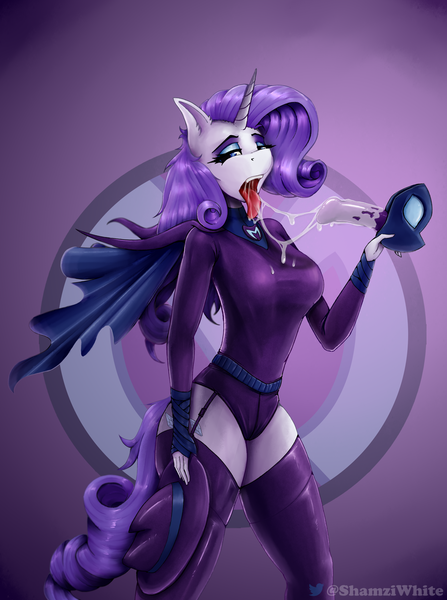Size: 1080x1451 | Tagged: questionable, artist:shamziwhite, derpibooru import, mare do well, rarity, anthro, unicorn, bedroom eyes, bodysuit, breasts, clothes, dildo, dildo gag, drool, drool string, fanart, female, gag, garter belt, hat, image, leotard, looking at you, mask, open mouth, oral, png, sex, sex toy, sketch, socks, solo, standing, stockings, thigh highs, tongue out