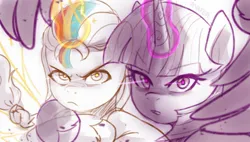 Size: 1981x1127 | Tagged: safe, artist:maren, derpibooru import, sunny starscout, twilight sparkle, alicorn, pony, my little pony: a new generation, badass, doodle, g5, glow, glowing horn, horn, image, is that a jojo reference?, jojo's bizarre adventure, jpeg, looking at you, parody, race swap, reference, simple background, sunny and her heroine, sunnycorn, white background