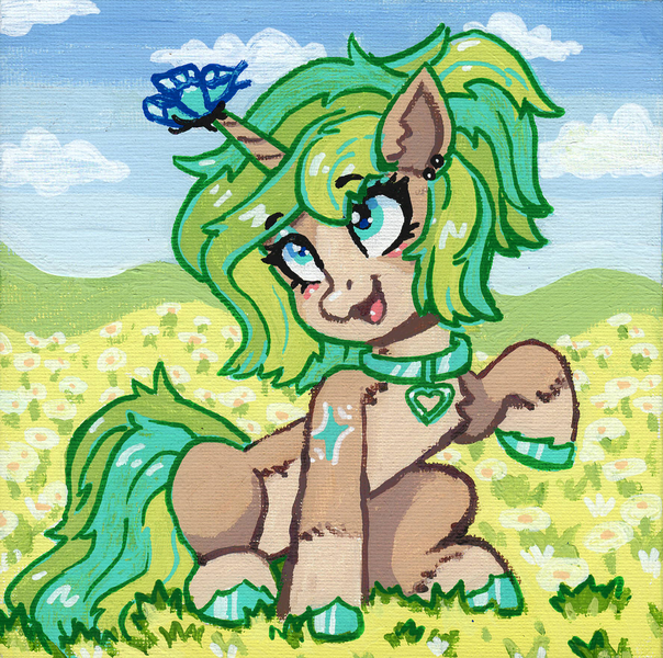 Size: 1775x1764 | Tagged: safe, artist:dandy, derpibooru import, oc, unofficial characters only, butterfly, insect, pony, unicorn, acrylic painting, blushing, chest fluff, collar, ear piercing, female, flower, horn, image, meadow, open mouth, piercing, png, raffle prize, solo, traditional art, unicorn oc, unshorn fetlocks
