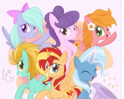 Size: 3128x2501 | Tagged: safe, artist:luckyclau, derpibooru import, flitter, lightning dust, sunset shimmer, suri polomare, trixie, alicorn, earth pony, pegasus, pony, unicorn, alicornified, alternate universe, bow, clothes, eyes closed, female, flower, flower in hair, flying, glow, glowing horn, grin, hair bow, hat, horn, image, magic, mare, open mouth, png, race swap, shimmercorn, smiling, sunflower seeds, trixie's hat