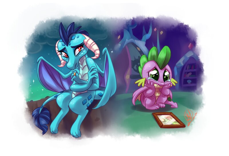 Size: 3800x2600 | Tagged: safe, artist:whitediamonds, derpibooru import, princess ember, spike, dragon, crying, image, jpeg, sad