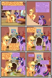 Size: 3254x4838 | Tagged: safe, artist:gutovi, derpibooru import, applejack, twilight sparkle, twilight sparkle (alicorn), alicorn, earth pony, pony, comic:why me!?, alternate ending, book, comic, embarrassed, female, fireplace, golden oaks library, hat, high res, image, lesbian, library, mare, png, shipping, show accurate, twijack