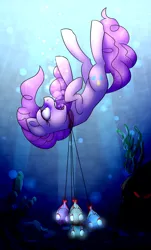 Size: 1600x2650 | Tagged: semi-grimdark, artist:kateponylover, derpibooru import, pinkie pie, earth pony, pony, air bubble, asphyxiation, balloon, bubble, crepuscular rays, digital art, drowning, female, image, mare, ocean, open mouth, png, seaweed, solo, sunlight, underwater, water