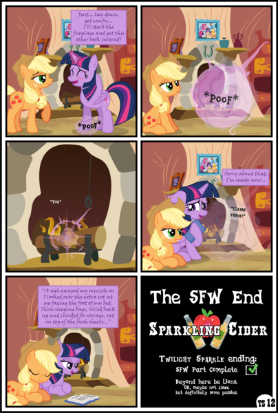 Size: 3255x4838 | Tagged: safe, artist:gutovi, derpibooru import, applejack, twilight sparkle, twilight sparkle (alicorn), alicorn, earth pony, pony, comic:why me!?, alternate ending, awkward smile, book, comic, female, fireplace, golden oaks library, hat, high res, image, lesbian, library, mare, png, reading, shipping, show accurate, smiling, twijack