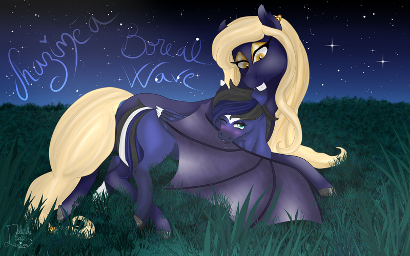 Size: 4000x2500 | Tagged: safe, artist:loopina, derpibooru import, oc, oc:boreal wave, oc:shazinea, bat pony, pegasus, saddle arabian, blushing, commission, couple, female, hug, image, love, male, night, png, princess, romance