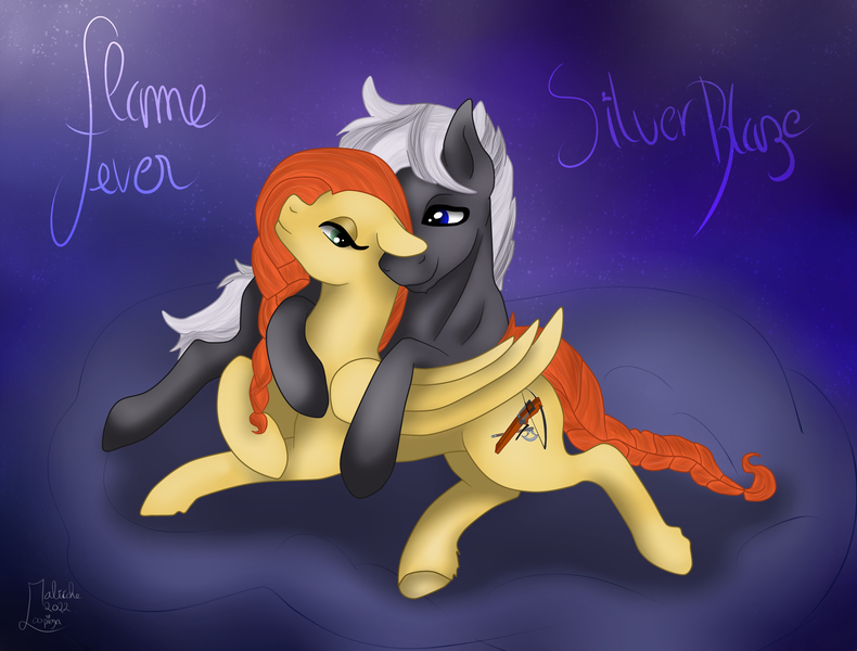 Size: 3874x2943 | Tagged: safe, artist:loopina, derpibooru import, oc, oc:flame fever, oc:silver blaze, pegasus, couple, female, gift art, hug, image, love, male, png, tender