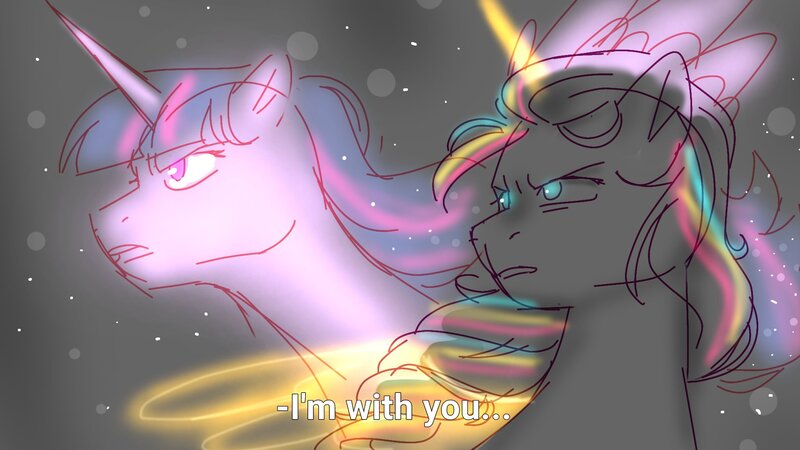Size: 1920x1080 | Tagged: safe, artist:artistmythical, artist:maren, derpibooru import, sunny starscout, twilight sparkle, alicorn, pony, my little pony: a new generation, badass, doodle, g5, glow, glowing horn, horn, image, inspired by another artist, is that a jojo reference?, jojo's bizarre adventure, jpeg, looking at you, parody, race swap, reference, simple background, sunny and her heroine, sunnycorn, white background
