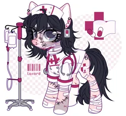 Size: 4459x4103 | Tagged: semi-grimdark, artist:loxord666, derpibooru import, oc, oc:malpractice, unofficial characters only, earth pony, pony, bag, bandage, blood, christmas, christmas stocking, clothes, cut, ear piercing, earring, face mask, female, hat, heart, holiday, image, iv drip, jewelry, mare, markings, mask, nosebleed, nurse, nurse hat, nurse outfit, piercing, pills, png, razor, razor blade, scar, shirt, simple background, sock, solo, staples, stethoscope, stitches, surgical mask, white background