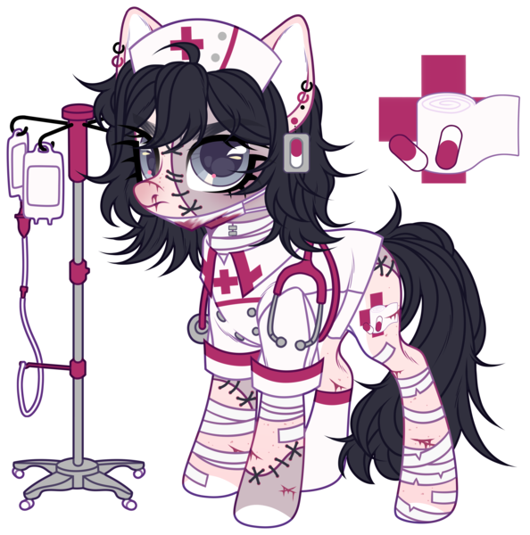 Size: 4065x4103 | Tagged: semi-grimdark, alternate version, artist:loxord666, derpibooru import, oc, oc:malpractice, unofficial characters only, earth pony, pony, bag, bandage, blood, christmas, christmas stocking, clothes, cut, ear piercing, earring, face mask, female, hat, holiday, image, iv drip, jewelry, mare, markings, mask, nosebleed, nurse, nurse hat, nurse outfit, piercing, pills, png, razor, razor blade, scar, shirt, simple background, sock, solo, staples, stethoscope, stitches, surgical mask, transparent background