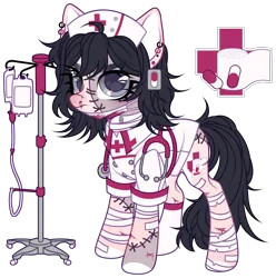 Size: 4065x4103 | Tagged: semi-grimdark, alternate version, artist:loxord666, derpibooru import, oc, oc:malpractice, unofficial characters only, earth pony, pony, bag, bandage, blood, christmas, christmas stocking, clothes, cut, ear piercing, earring, face mask, female, hat, holiday, image, iv drip, jewelry, mare, markings, mask, nosebleed, nurse, nurse hat, nurse outfit, piercing, pills, png, razor, razor blade, scar, shirt, simple background, sock, solo, staples, stethoscope, stitches, surgical mask, transparent background