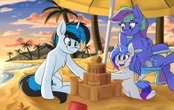 Size: 4400x2800 | Tagged: safe, artist:kaylerustone, derpibooru import, oc, oc:lishka, oc:solar gizmo, unofficial characters only, pegasus, pony, starfish, unicorn, beach, bucket, chair, cloud, family, female, filly, foal, image, jpeg, male, mare, ocean, open mouth, palm tree, sand, sandcastle, scenery, smiling, stallion, sunset, tree, umbrella, water